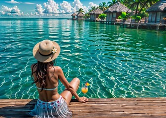 Tropical Tranquility: Woman Lounging with Feet in the Sea, Relaxing at a Resort with Beachside Bungalows on a Paradise Beach.

