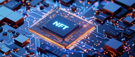 A close-up view with the acronym NFT displayed on a microchip, representing the concept of Non-Fungible Token.
 - obrazy, fototapety, plakaty