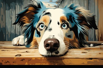 Blue merle cardigan welsh corgi with blue eyes resting - vector drawing of adorable canine pet - obrazy, fototapety, plakaty
