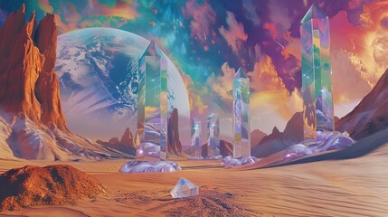 Abstract Photo Manipulation of Surreal Desert Landscape with Giant Floating Crystals, Swirling Sand, and Psychedelic Sky