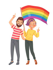 Obraz premium Cartoon illustration of two people flaming pride, lgbt community rainbow flag over isolated transparent background
