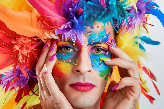 Drag queen portrait wearing colorful rainbow make up. Close up image. Pride month concept