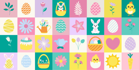 Fototapeta na wymiar Easter geometric pattern with icon elements. Rabbit, flower, chicken, egg, basket. Vector flat design for poster, card, wallpaper, placard, banner, packaging. Bauhaus.