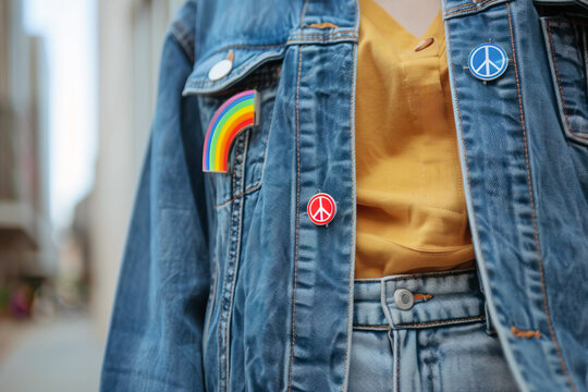 Cropped image of denim jacket on person belonging to LGBT community with pride pins and patches on jacket