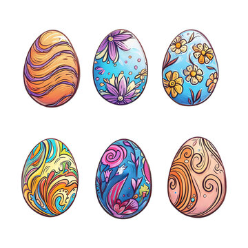 Set of easter eggs with geometric and floral ornaments isolated on transparent background. Collection for design greeting card, banner, flyer, sticker