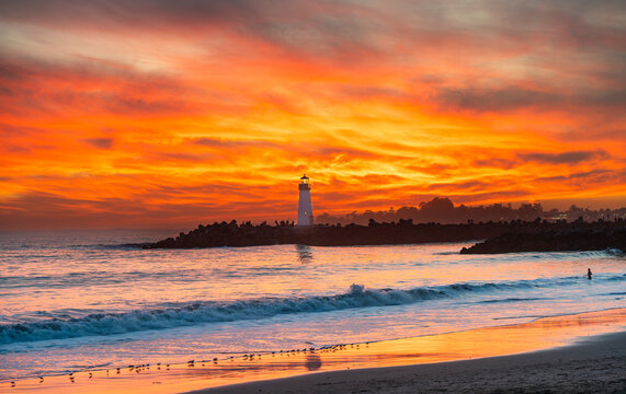 Santa Cruz Breakwater Lighthouse at sunset