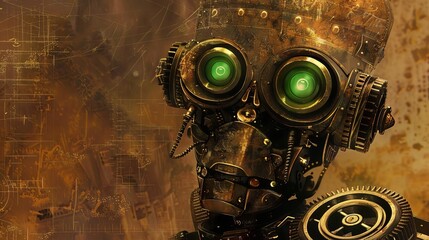 Digital Sketch of Steampunk Robot with Intricate Gears, Brass Accents, and Glowing Green Eyes