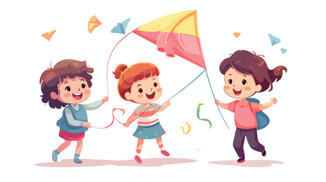 Cute cheerful children playing with kite cartoon ve