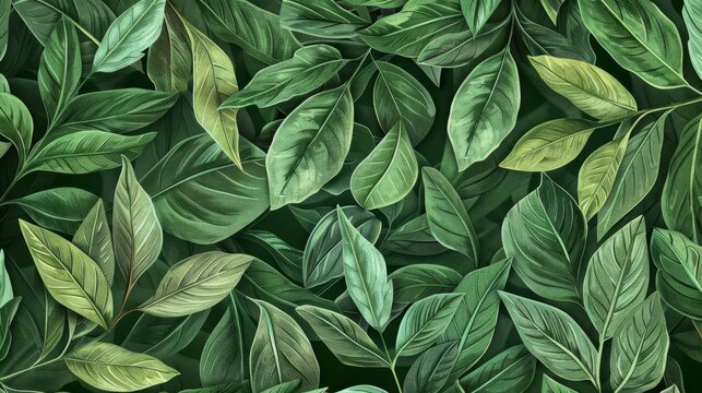 Green Plant and Leaf Pattern, Pencil Hand Drawn Botany Vintage Graphic Art, 4K Wallpaper Background, Digital Painting © Bijac
