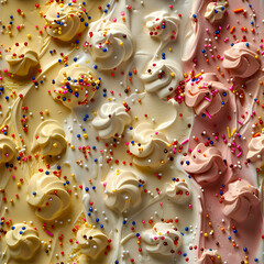 Fototapeta na wymiar Yellow Vanilla Ice Cream Seamless Pattern with Rainbow Sprinkles for Backgrounds, Wallpapers, Textile, and Gift Wrap Design
