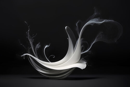 Abstract Fluid Art with Swirling White Forms and Delicate Smoke on Black Background