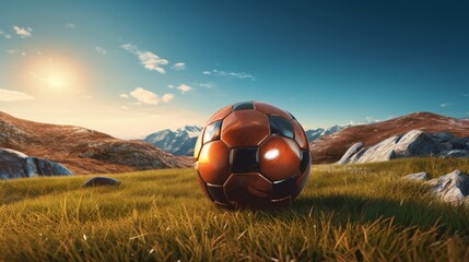 Red soccer ball on a grass field on the mountain with the sun on the background