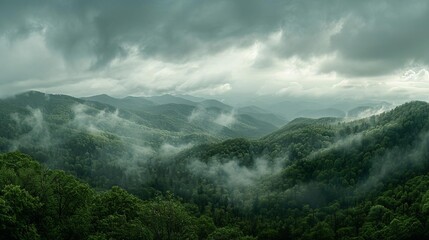 Smoky Mountains National Park panorama, forest hills, cloudy weather, North Carolina, USA, landscape photography