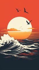 Sunset Background Over a Beautiful Seaside. Sunset over the ocean with birds. Vertical orientation - obrazy, fototapety, plakaty