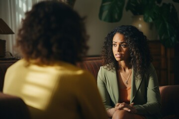Woman is having a conversation with psychotherapist. African American black female therapist woman