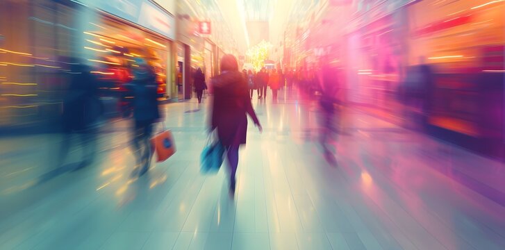 shopping banner with blurred focus, blurry photo, shopping center, women with purchases, discounts, concept of buying things, boutique