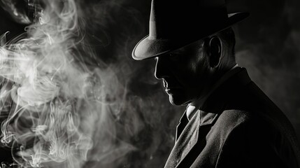 Vintage Detective or Mafia Character in Hat on Dramatic Black and White Background - obrazy, fototapety, plakaty