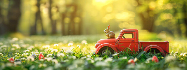 Red toy retro car with easter rabbit on the roof on fairytale spring field. Car with bunny on green natural blurred background. Greeting card or festive banner with copy space - obrazy, fototapety, plakaty