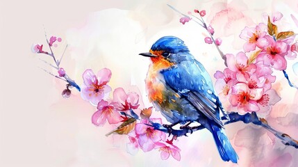 Watercolor Illustration of Colorful Songbird Perched on Cherry Blossom Branch, Spring Nature Scene