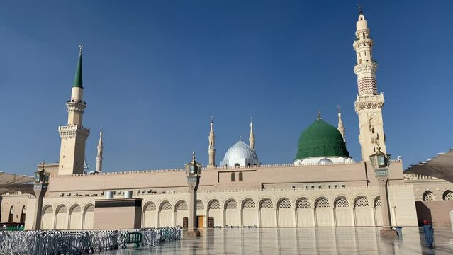 Portrait of Prophet Muhammad's Mosque with Green Dome. Nabawi Mosque. 
