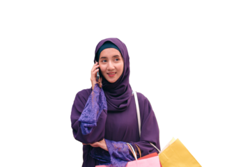 Transparent background, PNG, .PNG, PNG file, Muslim woman using a smartphone.