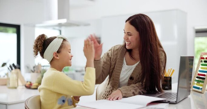 Happy mom, child and writing with high five for homework, mathematics or counting at home. Proud mother helping young kid, girl or teenager with addition, subtraction or math in notebook at the house