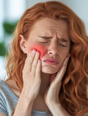 A woman holds her cheek while suffering from a toothache, depicting the discomfort and pain experienced during dental issues, emphasizing the need for oral health care and treatment