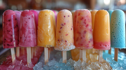 A colorful array of popsicles melting in the summer heat, their sweet flavors a nostalgic treat that brings relief on a sweltering afternoon