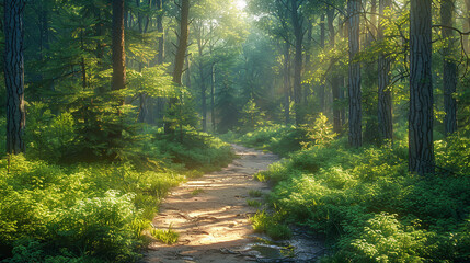 A scenic hiking trail winding through lush forest, dappled sunlight filtering through the canopy,...