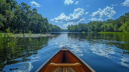 A serene lake reflecting the clear blue sky above, kayaks and paddleboards gliding across its...
