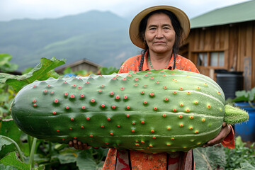 Kobieta z egzotycznej wioski trzyma gigantycznego ogórka