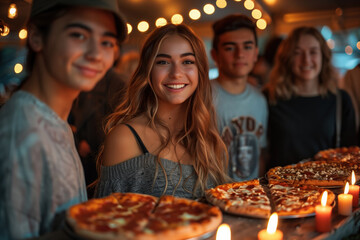 Friends enjoying pizza party by candlelight