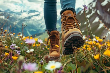 A walk through the green field. A person walks on the grass in boots. Close-up of hiking boots. Outdoor walk