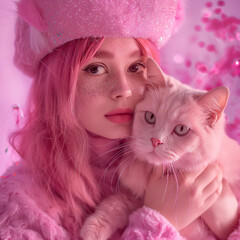pink haired girl with her pinky cat portrait