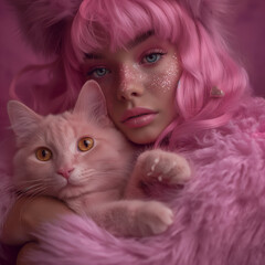 pink haired girl with her pinky cat portrait