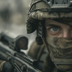 western soldier aiming rifle during the war operation special ops