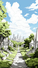 Obraz premium Serene Cemetery Landscape with City Skyline Background