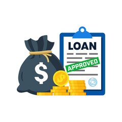 Approved Loan. Document with money bag and gold coins. Vector illustration.