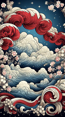 Traditional Asian Style Cloud and Floral Illustration

