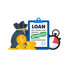 Loan Quick Approval. Document with dollar coins stack and money sack. Vector illustration.