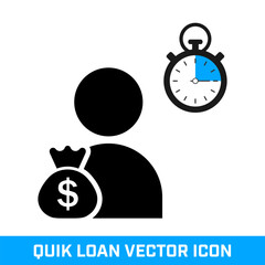Quick Loan Vector icon. Person with money and stopwatch.