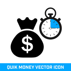 Quick Money Vector Icon. Money Bag with Stopwatch. Isolated on white.