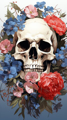 Floral Adorned Human Skull Illustration

