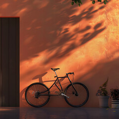 Bicycle standing at new orange color wall in  outdoor city
