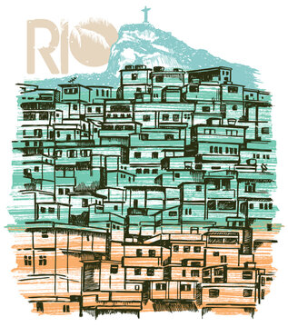 Vector illustration of favela in Rio de Janeiro, Brazil, with the Corcovado hill in the background and colored stripes with texture. Current period art.