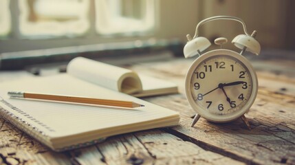 white alarm clock with note book and pencil on wooden table,vintage filter