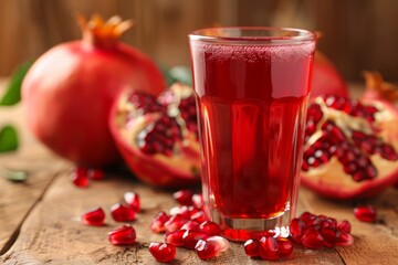 Glass of Pomegranate Juice and Fresh Pomegranates on Wooden Table