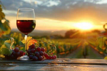 Red Wine Glass with Vineyard at Sunset