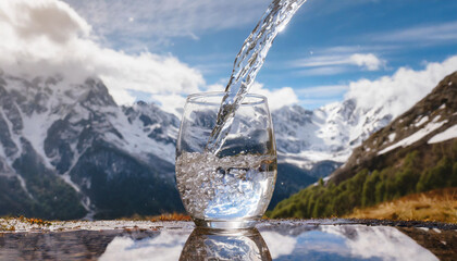 A glass of pouring crystal mineral drinking aqua water on blurred nature, snow mountain landscape...