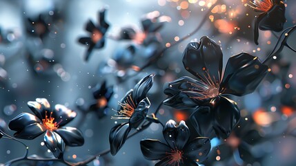 3D rendering of black flowers with orange pistils on a blurred background. The petals of the flowers are glossy and have a wet look. - obrazy, fototapety, plakaty